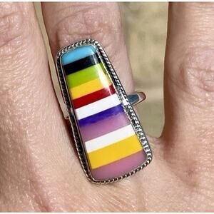 Rainbow Inlay Sterling Silver Statement Bar Ring Multicolor Pride Adjustable